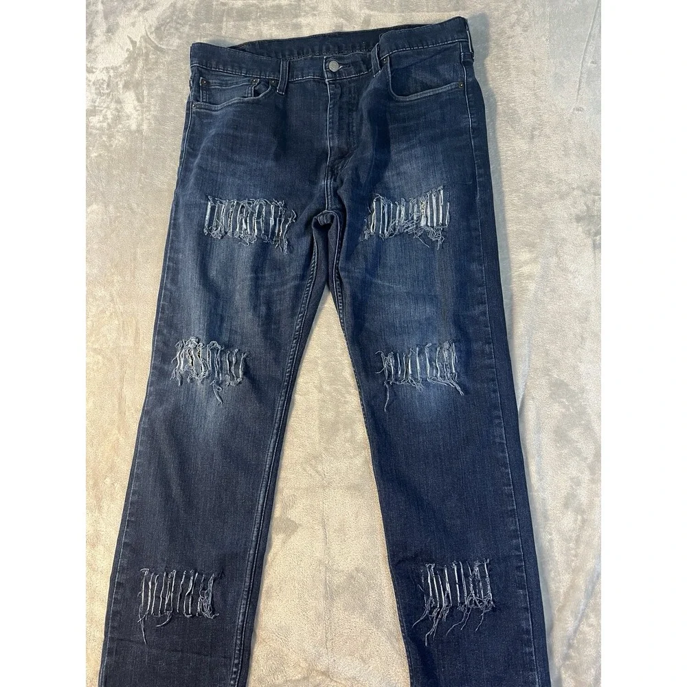 Levi's 502 Men's 38x34 Dark Wash Distressed Ripped Jeans Tapered Stretch Denim
